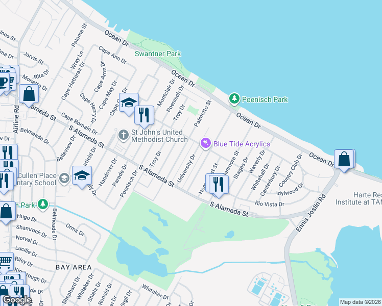 map of restaurants, bars, coffee shops, grocery stores, and more near 425 University Drive in Corpus Christi