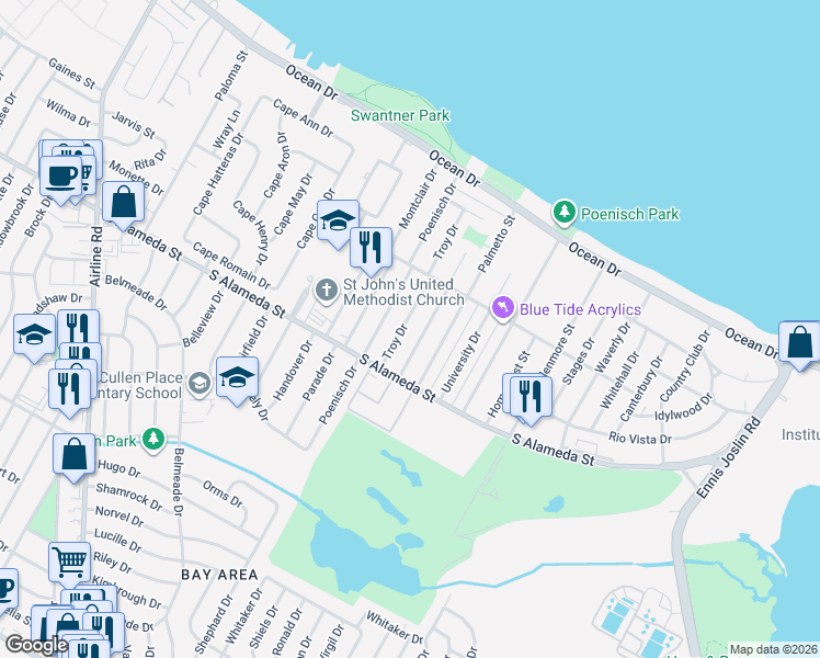 map of restaurants, bars, coffee shops, grocery stores, and more near 441 Troy Drive in Corpus Christi