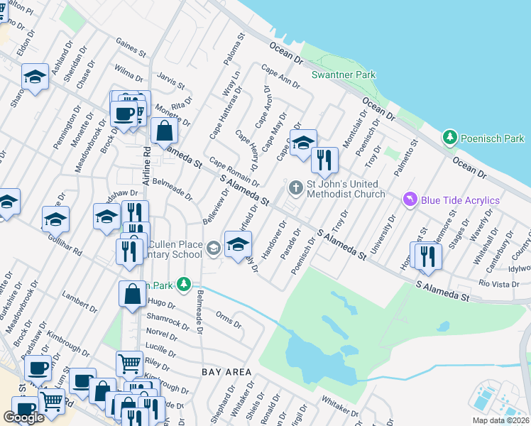map of restaurants, bars, coffee shops, grocery stores, and more near 509 Greenway Drive in Corpus Christi