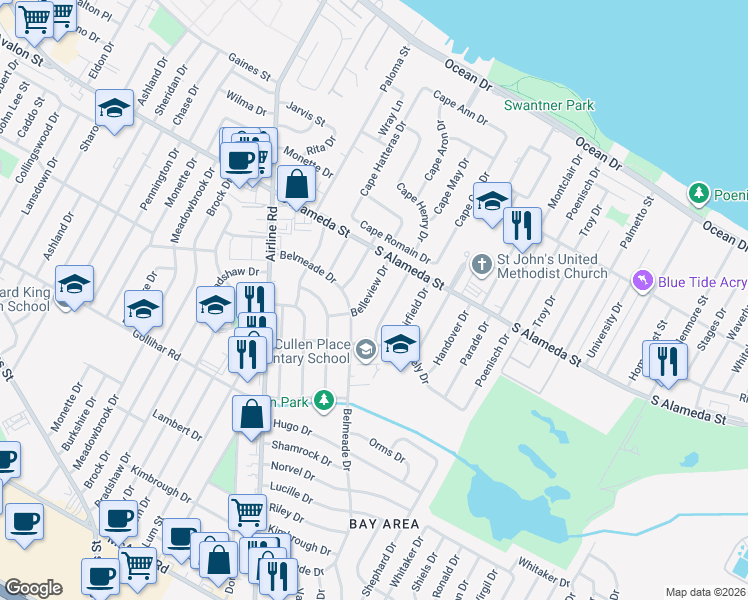 map of restaurants, bars, coffee shops, grocery stores, and more near 537 Belleview Drive in Corpus Christi