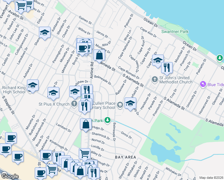 map of restaurants, bars, coffee shops, grocery stores, and more near 741 Belmeade Drive in Corpus Christi