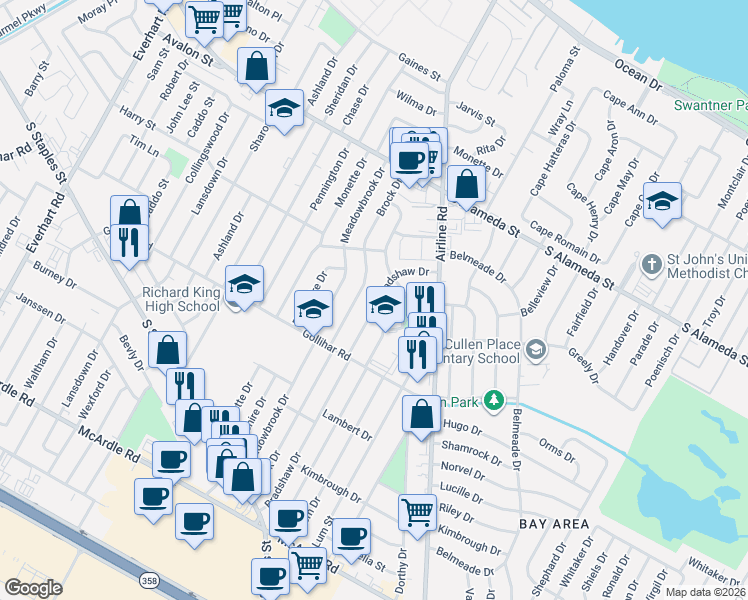 map of restaurants, bars, coffee shops, grocery stores, and more near 726 Bradshaw Drive in Corpus Christi