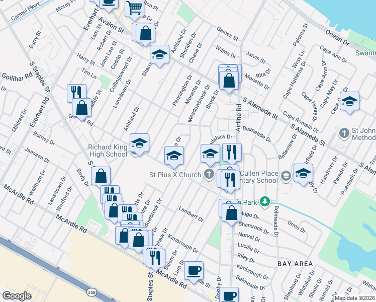 map of restaurants, bars, coffee shops, grocery stores, and more near 745 Meadowbrook Drive in Corpus Christi