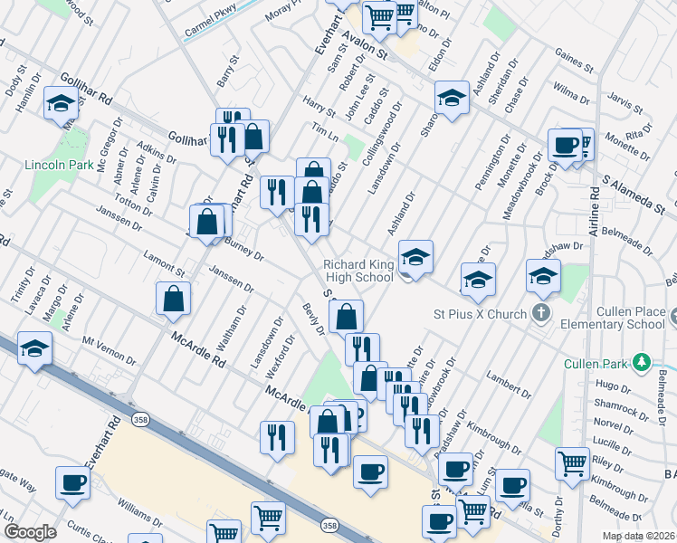 map of restaurants, bars, coffee shops, grocery stores, and more near 1017 Collingswood Drive in Corpus Christi