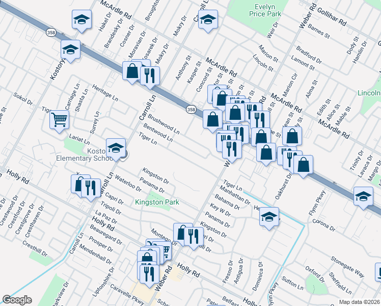 map of restaurants, bars, coffee shops, grocery stores, and more near 3845 Bentwood Lane in Corpus Christi