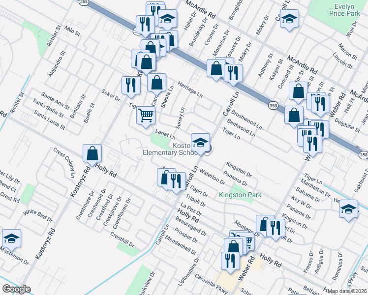 map of restaurants, bars, coffee shops, grocery stores, and more near 3513 Lariat Lane in Corpus Christi