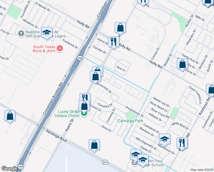map of restaurants, bars, coffee shops, grocery stores, and more near 2518 Bevecrest Street in Corpus Christi