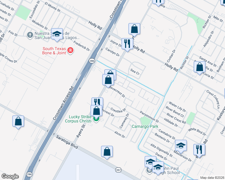 map of restaurants, bars, coffee shops, grocery stores, and more near 6010 Kaycrest Street in Corpus Christi