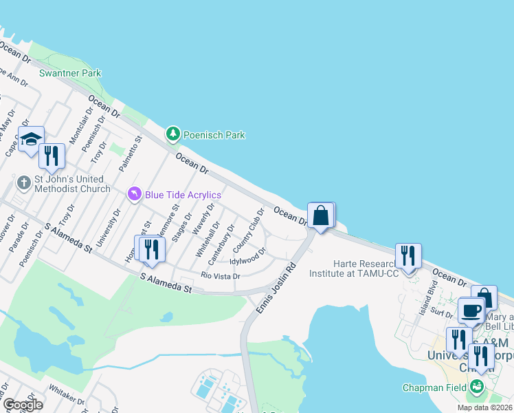 map of restaurants, bars, coffee shops, grocery stores, and more near 6001 Ocean Drive in Corpus Christi