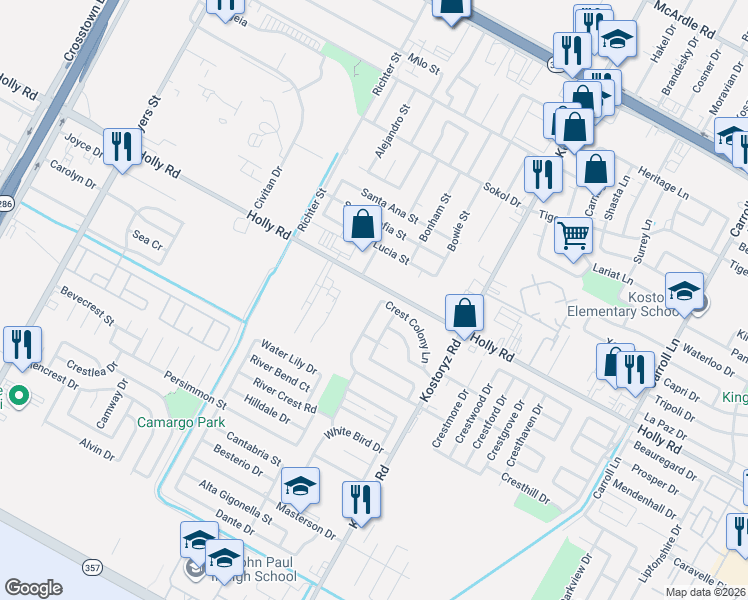 map of restaurants, bars, coffee shops, grocery stores, and more near 5705 Crest Willow Drive in Corpus Christi
