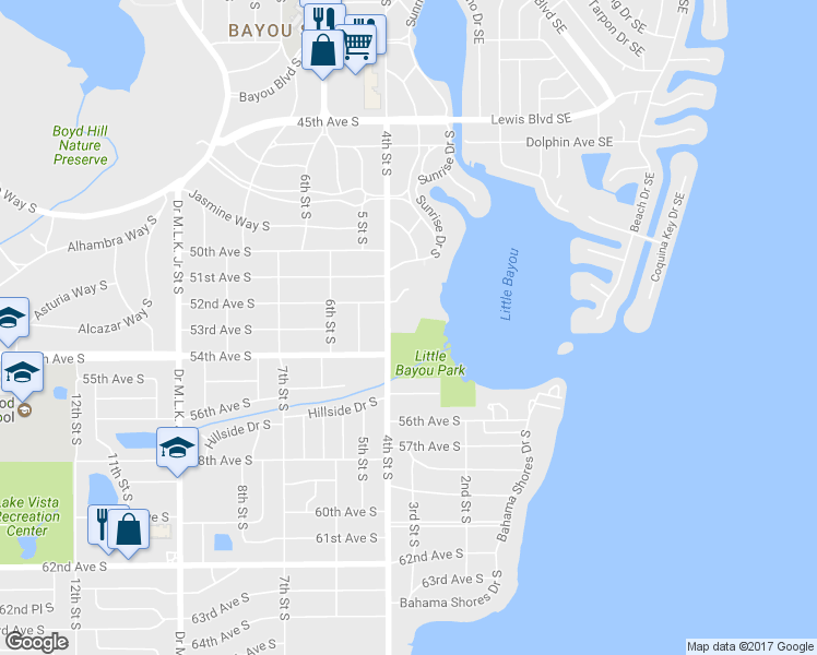 map of restaurants, bars, coffee shops, grocery stores, and more near 190 Banyan Bay Drive in St. Petersburg