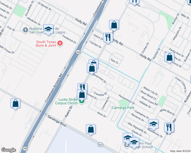map of restaurants, bars, coffee shops, grocery stores, and more near 6010 Kaycrest Street in Corpus Christi