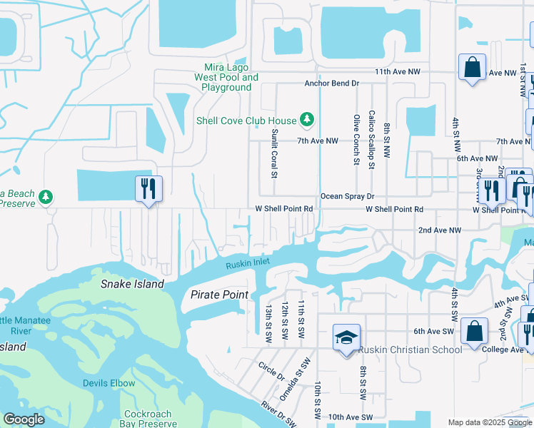map of restaurants, bars, coffee shops, grocery stores, and more near 1202 West Shell Point Road in Ruskin