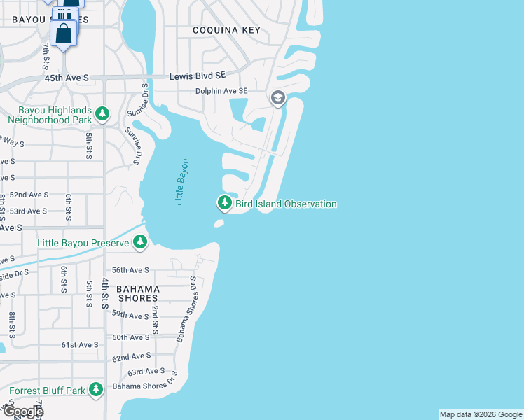 map of restaurants, bars, coffee shops, grocery stores, and more near 5285 Coquina Key Drive Southeast in St. Petersburg
