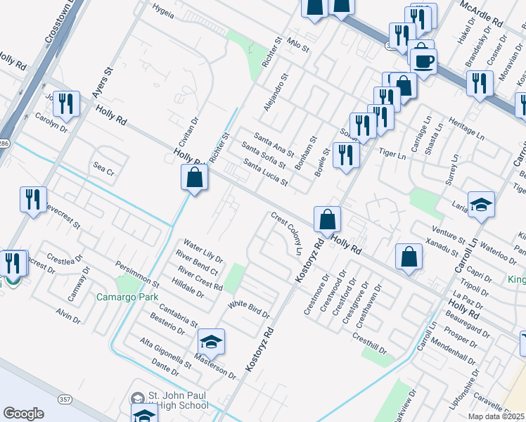 map of restaurants, bars, coffee shops, grocery stores, and more near 5705 Crest Willow Drive in Corpus Christi