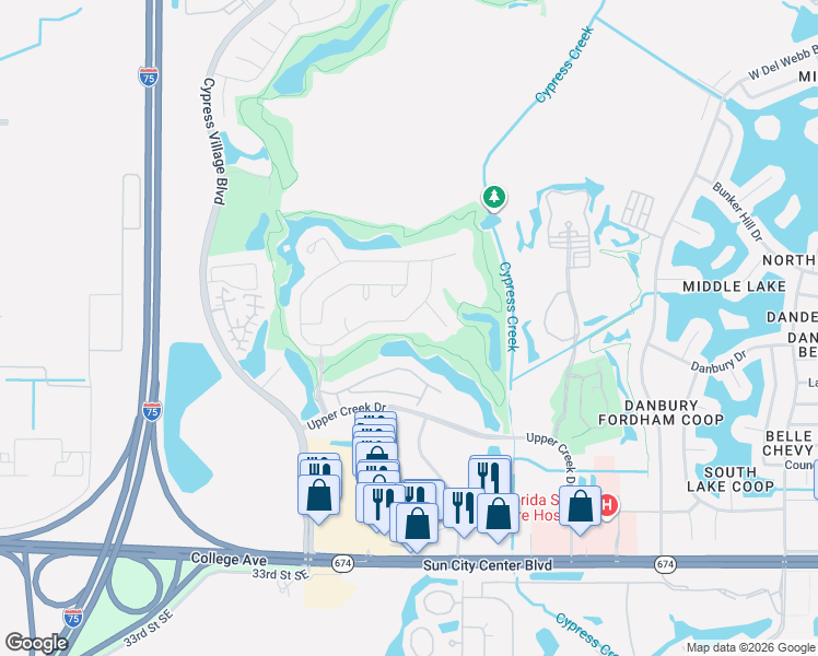 map of restaurants, bars, coffee shops, grocery stores, and more near 3608 Gaviota Drive in Sun City Center