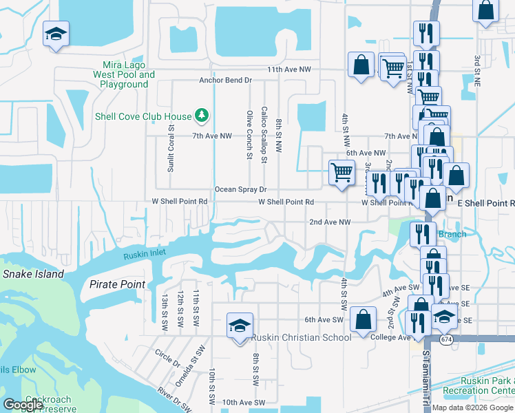 map of restaurants, bars, coffee shops, grocery stores, and more near 805 2nd Avenue Northwest in Ruskin