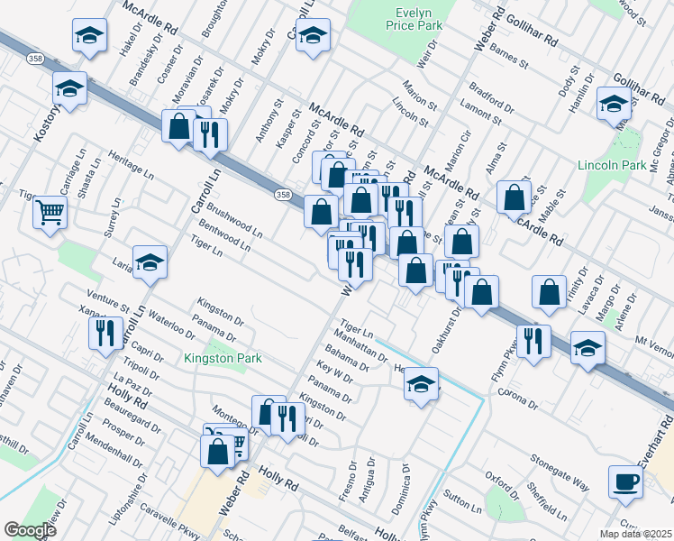 map of restaurants, bars, coffee shops, grocery stores, and more near 3934b Brushwood Lane in Corpus Christi
