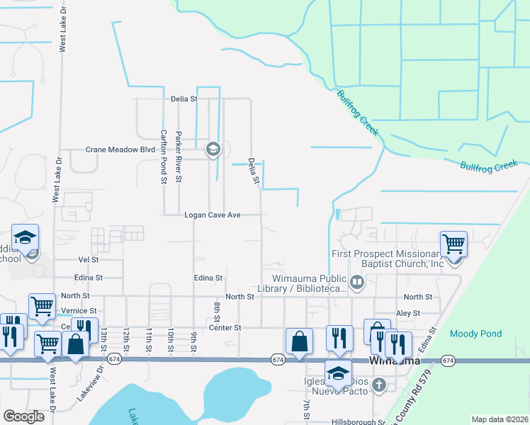 map of restaurants, bars, coffee shops, grocery stores, and more near 16894 Delia Street in Wimauma