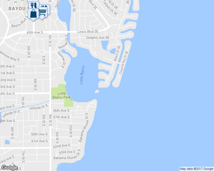 map of restaurants, bars, coffee shops, grocery stores, and more near 5285 Coquina Key Drive Southeast in St. Petersburg