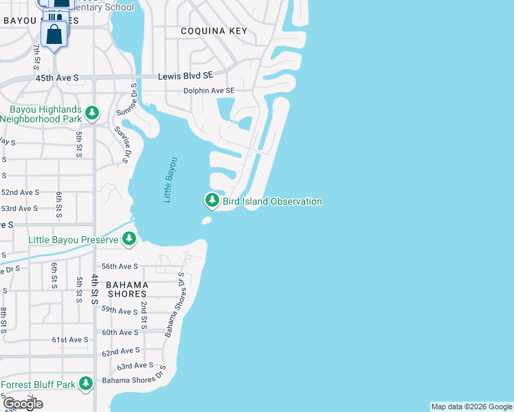 map of restaurants, bars, coffee shops, grocery stores, and more near 5280 Coquina Key Drive Southeast in St. Petersburg