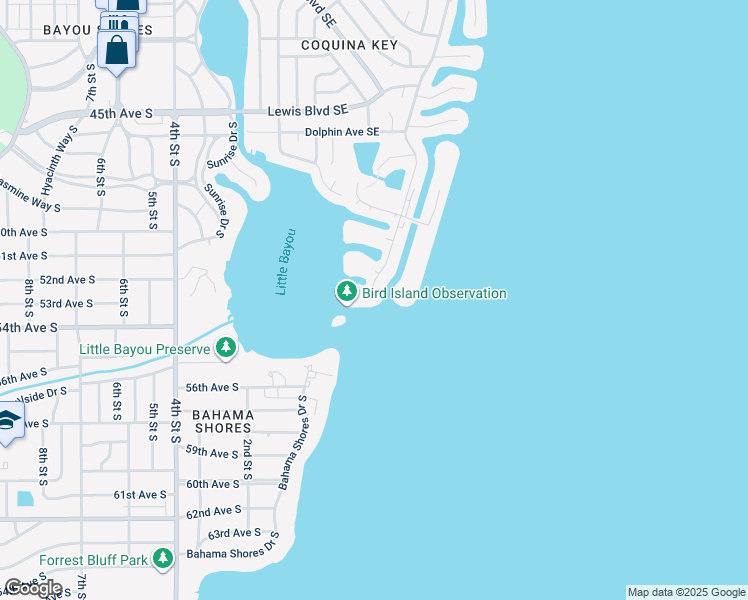 map of restaurants, bars, coffee shops, grocery stores, and more near 5285 Coquina Key Drive Southeast in St. Petersburg