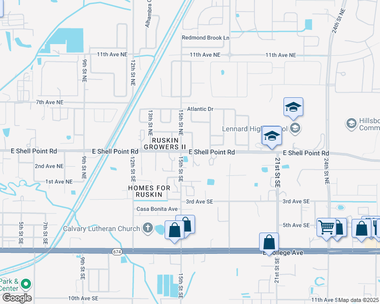 map of restaurants, bars, coffee shops, grocery stores, and more near Shell Point Road East in Ruskin