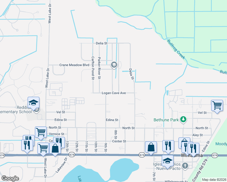 map of restaurants, bars, coffee shops, grocery stores, and more near 102 9th Street in Wimauma