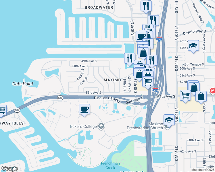 map of restaurants, bars, coffee shops, grocery stores, and more near 5298 41st Street South in St. Petersburg