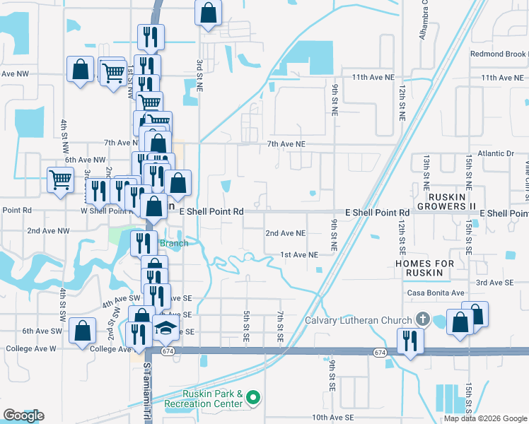 map of restaurants, bars, coffee shops, grocery stores, and more near 211 6th Street Northeast in Ruskin