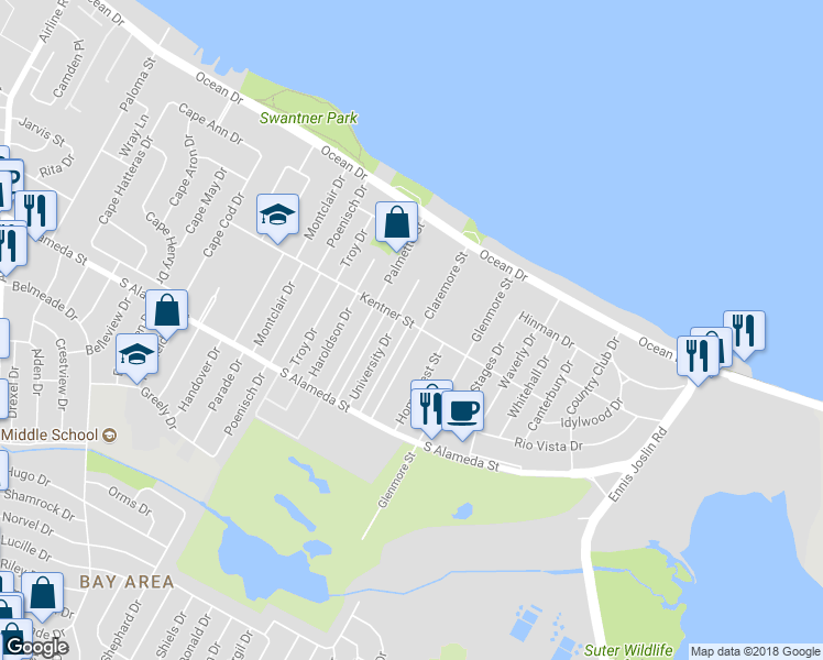 map of restaurants, bars, coffee shops, grocery stores, and more near 402 Claremore Street in Corpus Christi