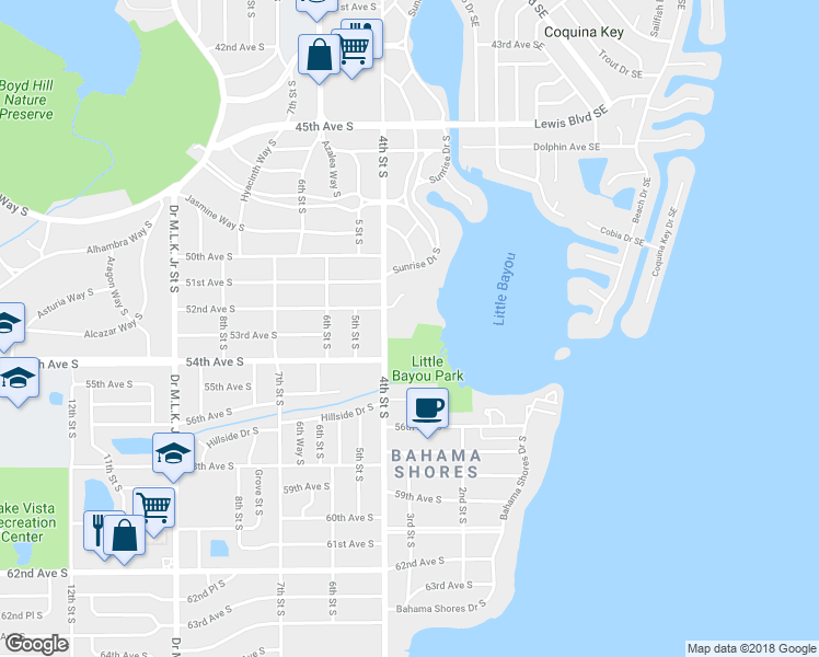 map of restaurants, bars, coffee shops, grocery stores, and more near 184 Banyan Bay Drive in St. Petersburg