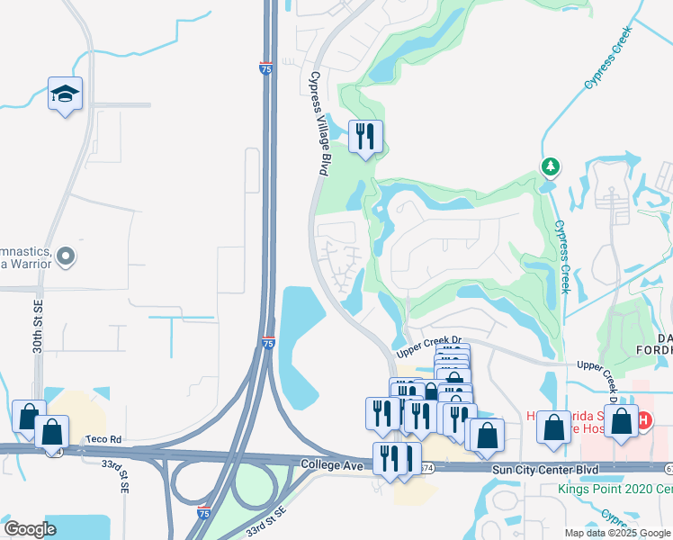 map of restaurants, bars, coffee shops, grocery stores, and more near 912 Silverthorn Lane in Sun City Center