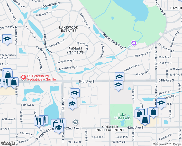 map of restaurants, bars, coffee shops, grocery stores, and more near 5340 Alcola Way South in St. Petersburg