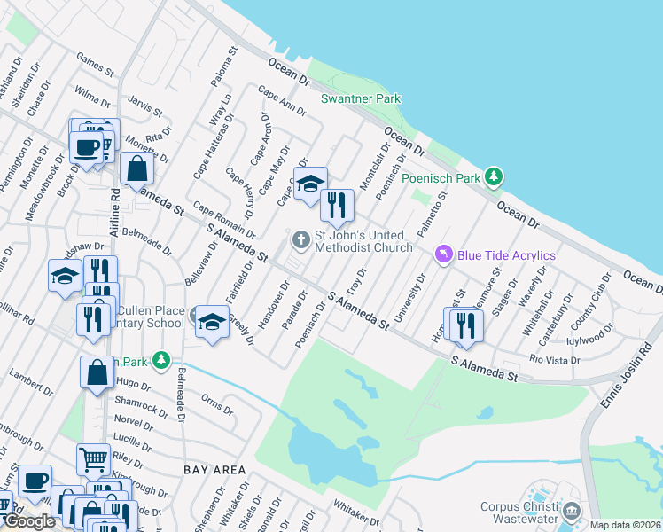 map of restaurants, bars, coffee shops, grocery stores, and more near 458 Poenisch Drive in Corpus Christi