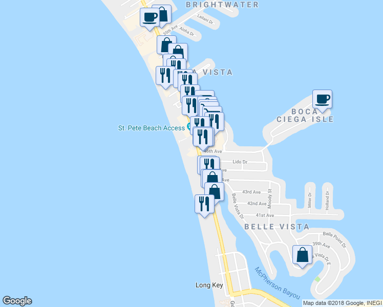 map of restaurants, bars, coffee shops, grocery stores, and more near 4510 Gulf Boulevard in Saint Pete Beach