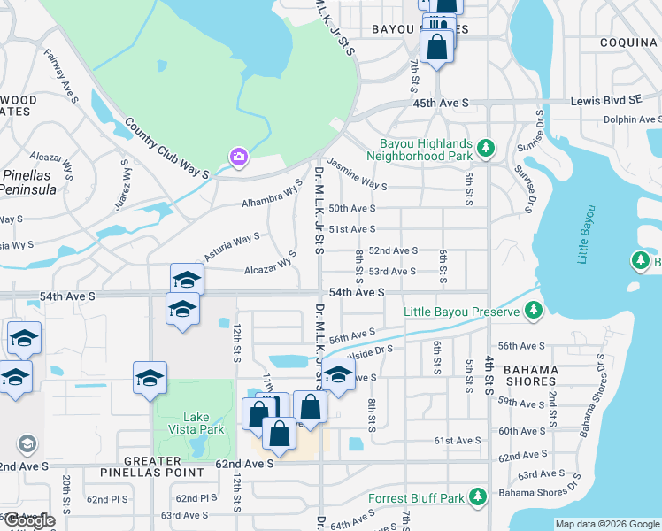 map of restaurants, bars, coffee shops, grocery stores, and more near 844 53rd Avenue South in St. Petersburg