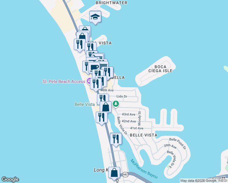 map of restaurants, bars, coffee shops, grocery stores, and more near 158 Lido Drive in St. Pete Beach