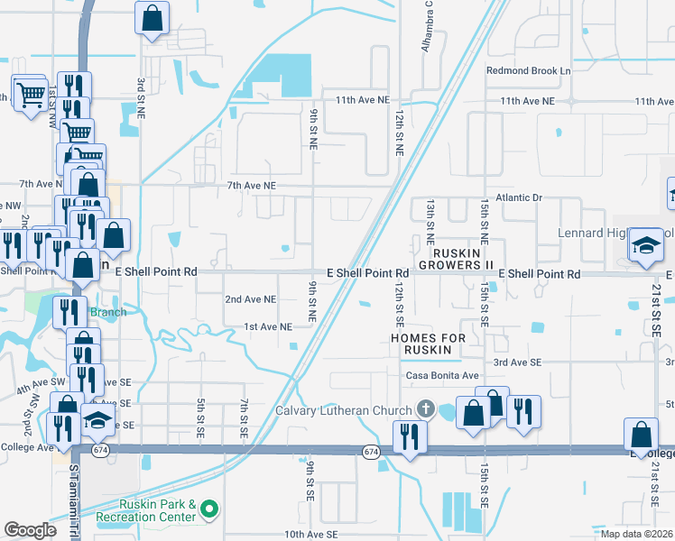 map of restaurants, bars, coffee shops, grocery stores, and more near 919 East Shell Point Road in Ruskin