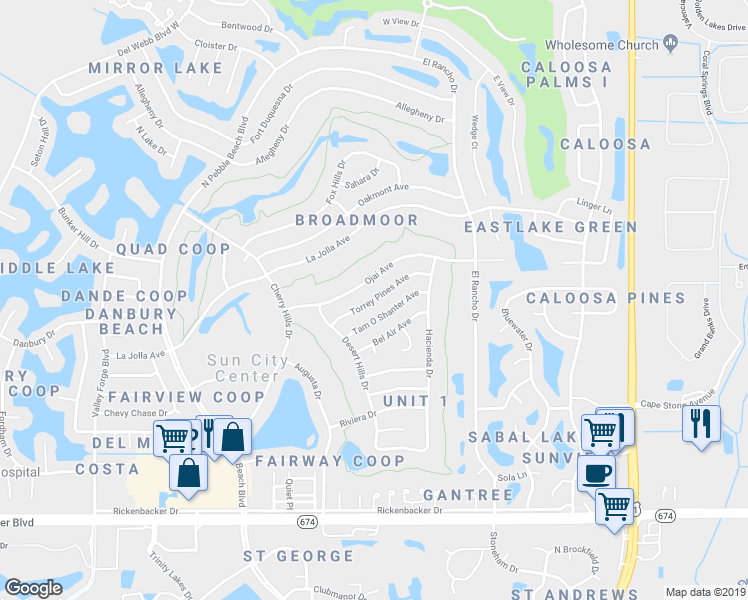 map of restaurants, bars, coffee shops, grocery stores, and more near Torrey Pines Avenue in Sun City Center