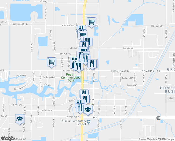 map of restaurants, bars, coffee shops, grocery stores, and more near 2-88 Shell Point Rd E in Ruskin