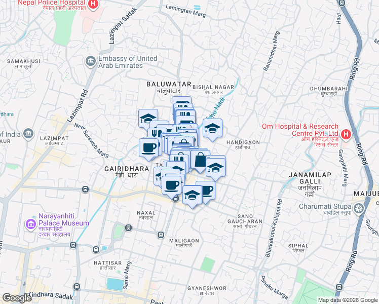 map of restaurants, bars, coffee shops, grocery stores, and more near Thirbam Sadak in Kathmandu