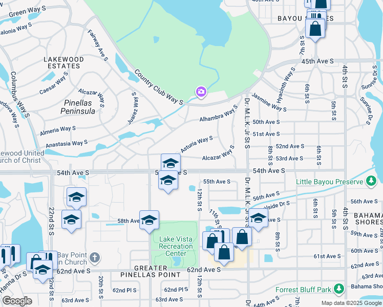 map of restaurants, bars, coffee shops, grocery stores, and more near 1220 Alcazar Way South in St. Petersburg