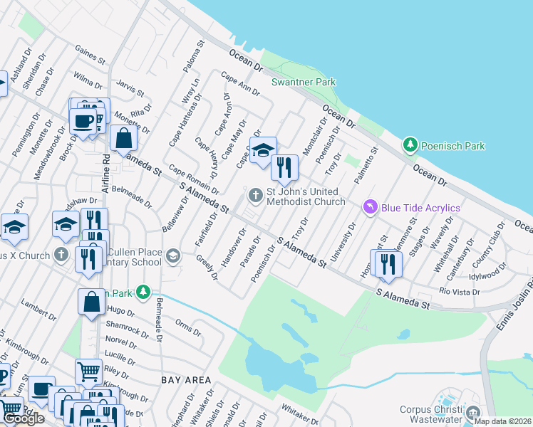map of restaurants, bars, coffee shops, grocery stores, and more near 434 Montclair Drive in Corpus Christi