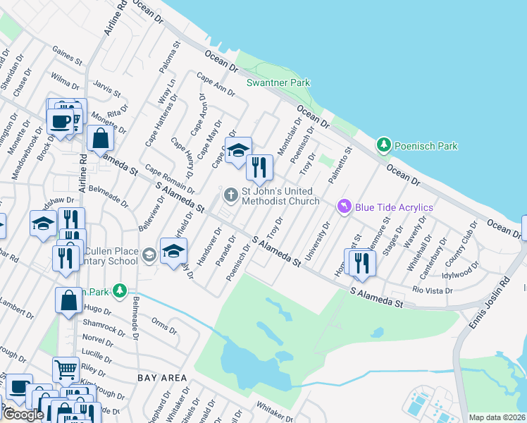 map of restaurants, bars, coffee shops, grocery stores, and more near 438 Poenisch Drive in Corpus Christi