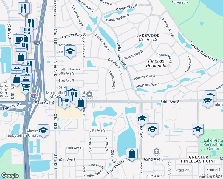 map of restaurants, bars, coffee shops, grocery stores, and more near 5134 Casilla Way South in St. Petersburg