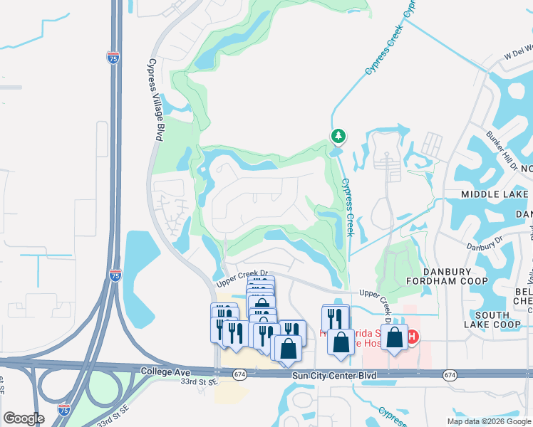 map of restaurants, bars, coffee shops, grocery stores, and more near 3615 Gaviota Drive in Sun City Center