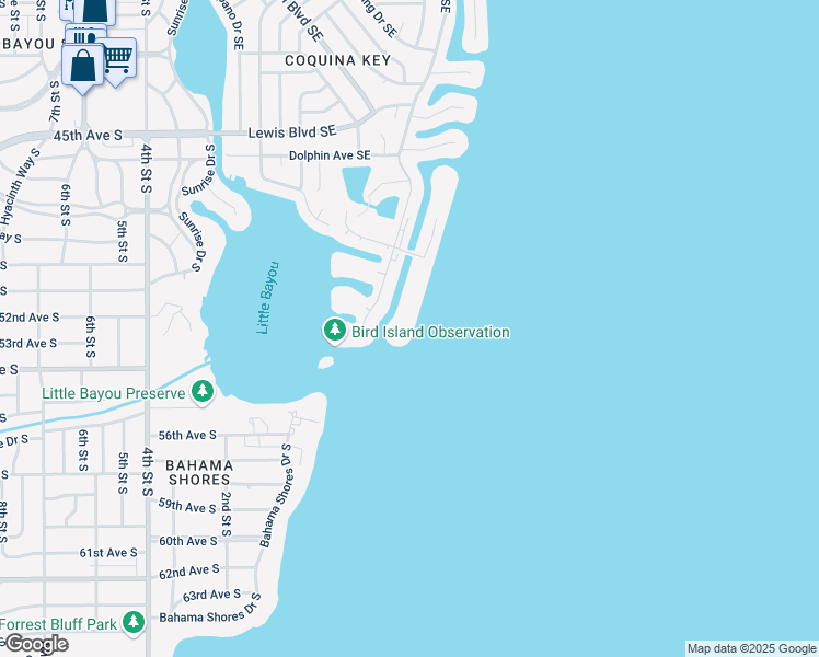 map of restaurants, bars, coffee shops, grocery stores, and more near 5220 Coquina Key Drive Southeast in St. Petersburg