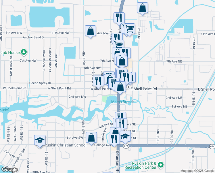 map of restaurants, bars, coffee shops, grocery stores, and more near 308 1st Street Northwest in Ruskin