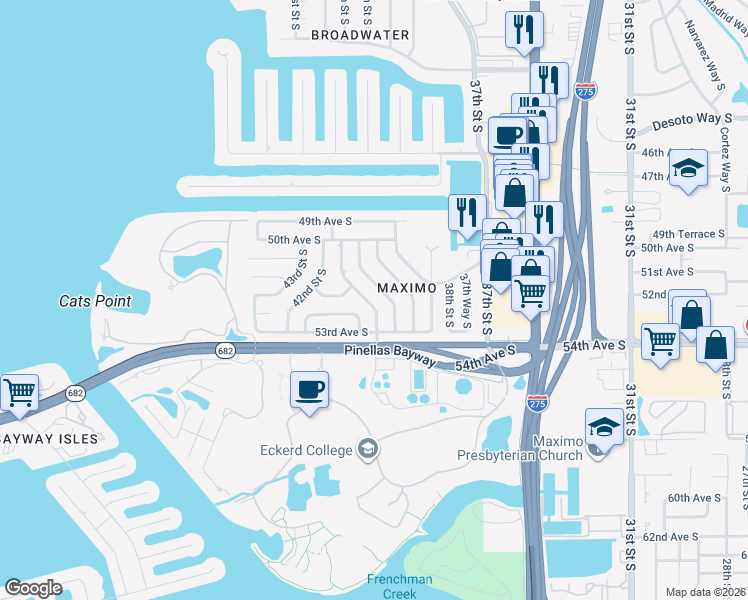 map of restaurants, bars, coffee shops, grocery stores, and more near 5144 40th Street South in St. Petersburg